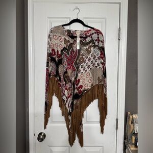 Chico's Multicolor Patterned Poncho with Fringe